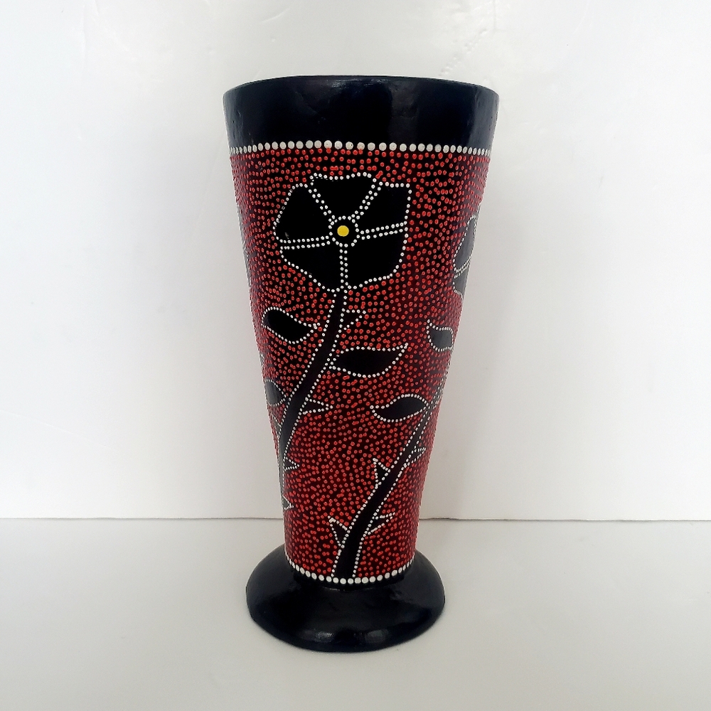 Bali Indonesian Handmade Decorative Wood Vase Dotted Floral Design Boho 10"H